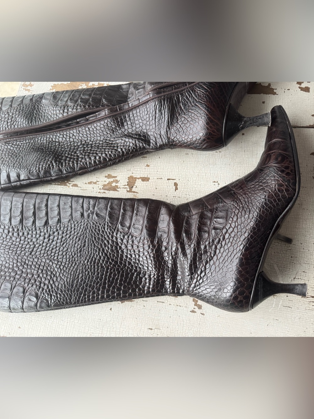 Hugo Boss Dark Brown Croc-Embossed Over-the-Knee Boots✨